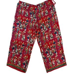 Josie by Natori Ladies Silk Pajama Pants Red Asian Figurine Print Drawstring